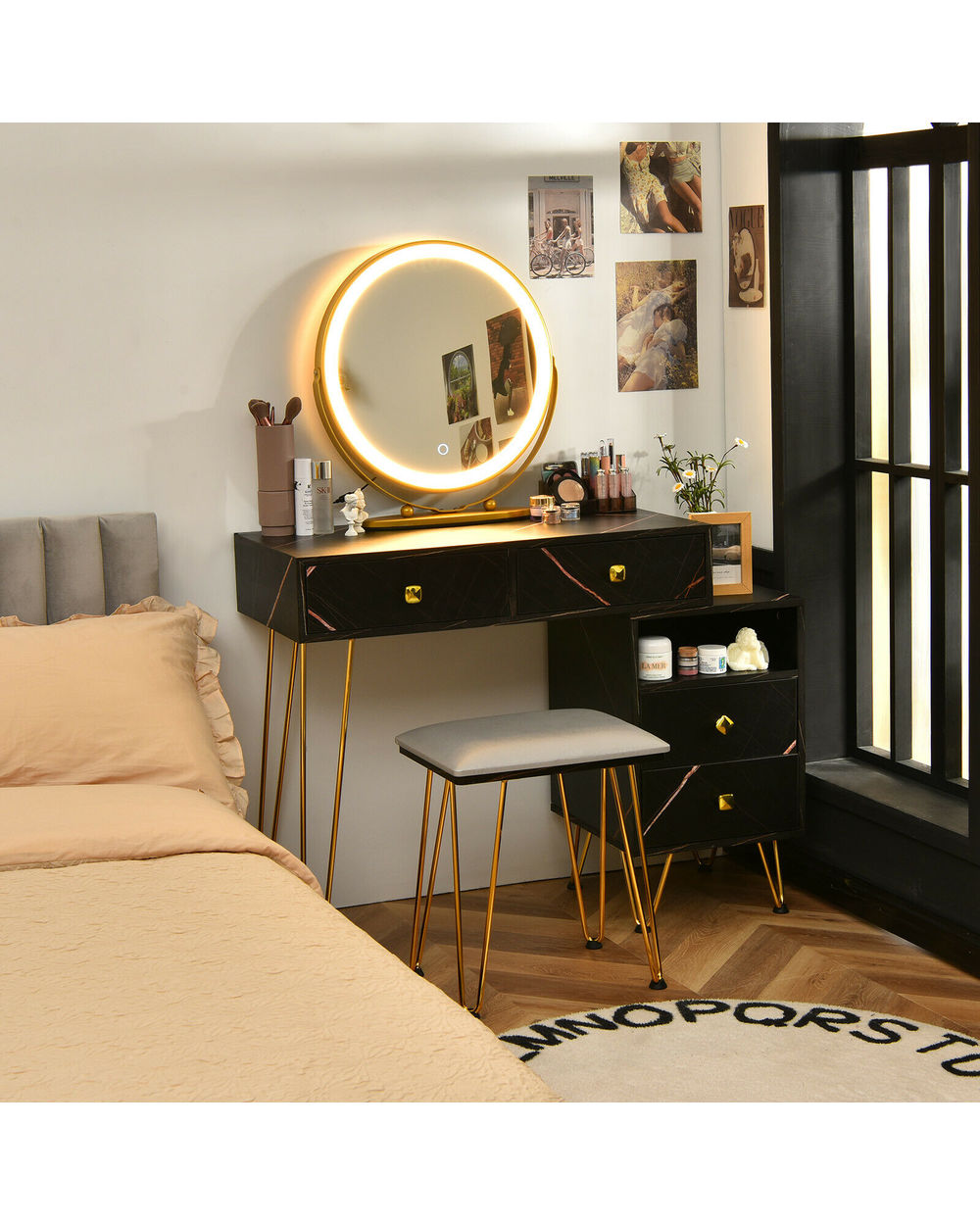 Vanity Table Stool Set Dimmer LED Mirror Large Storage Cabinet Drawer front-0