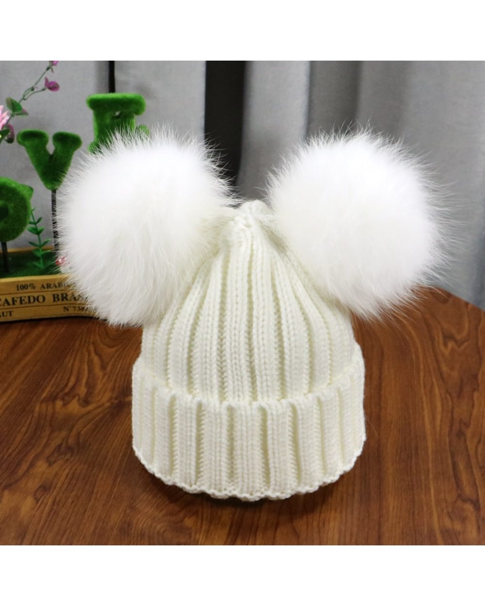 2022 New Double Natural Pom Poms Hat Girls Boys Winter Warm Fur Pompom Ball Knitted Beanies Hat Skullies Beanies Cotton front-2