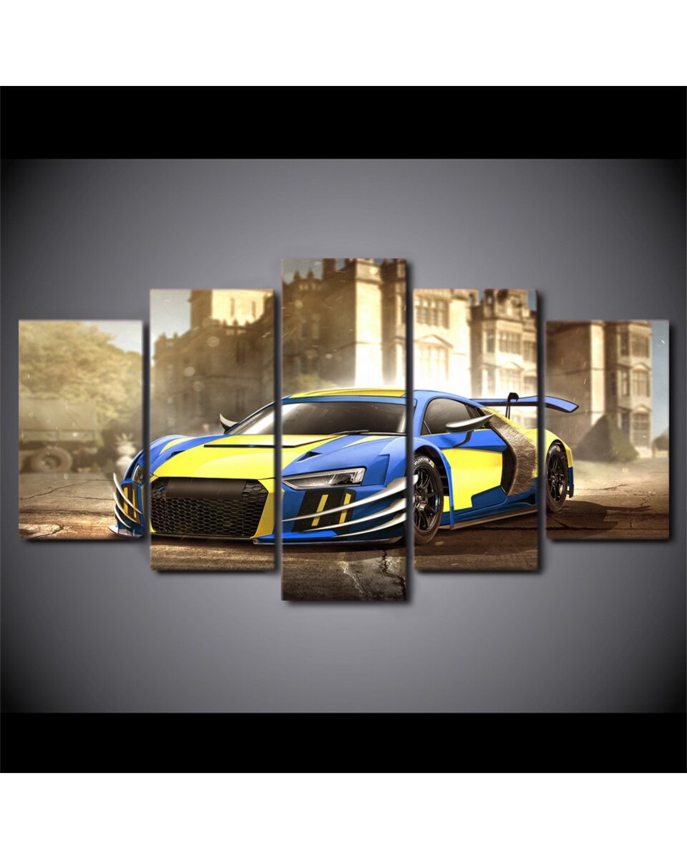 Sports Car Blue and Yellow Picture Print Car 5 Panel Canvas Art Wall Decor front-1