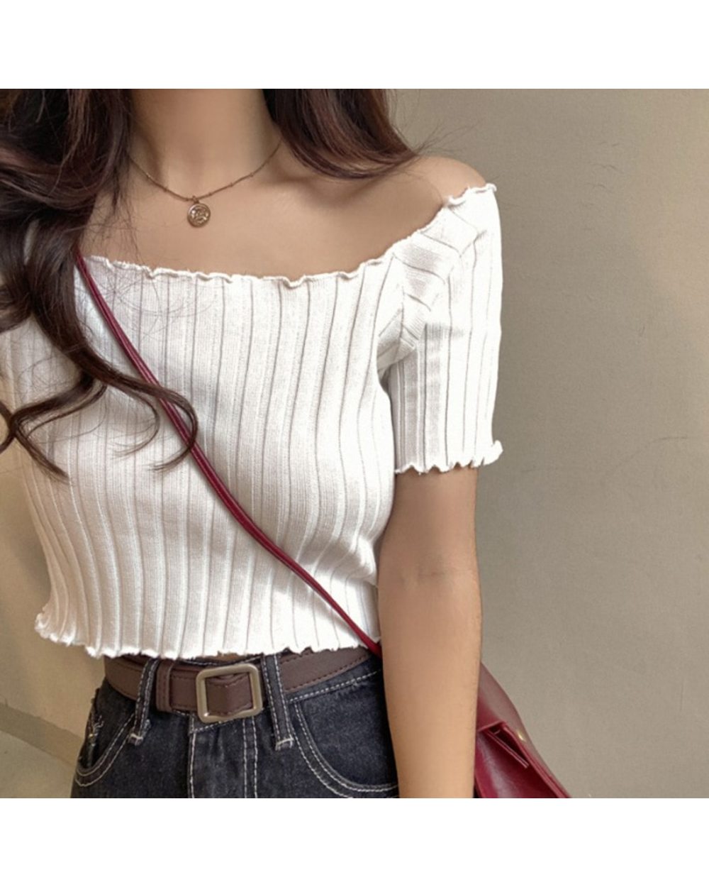 Women T-shirts Off Shoulder Knitting Crop Tops Women Stretchy Ruffles Hem Stripes Tops Summer Fashion front-4
