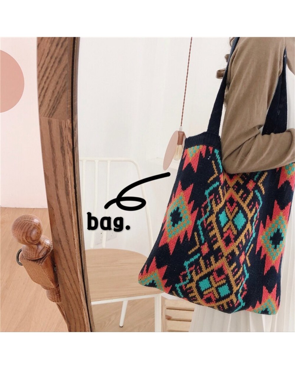 Weave Women Casual Bag Retro Pattern Boho Chic Female Tote Bag Crochet Daily Handbag front-4