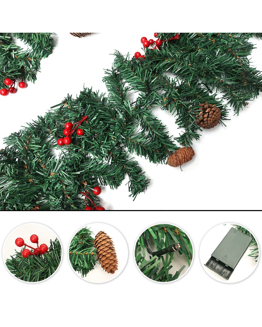 Pre-Lit Decorated Christmas Garland with Chasing Warm LED Light Artificial Christmas Fireplace Wreath Pine Tree Ornament front-3