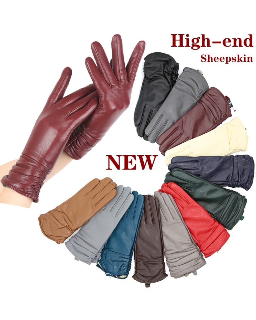 Classic Pleated Leather Gloves Women Color Real Leather Gloves Women Sheepskin Genuine Leather Winter Gloves Women-2081 front-1