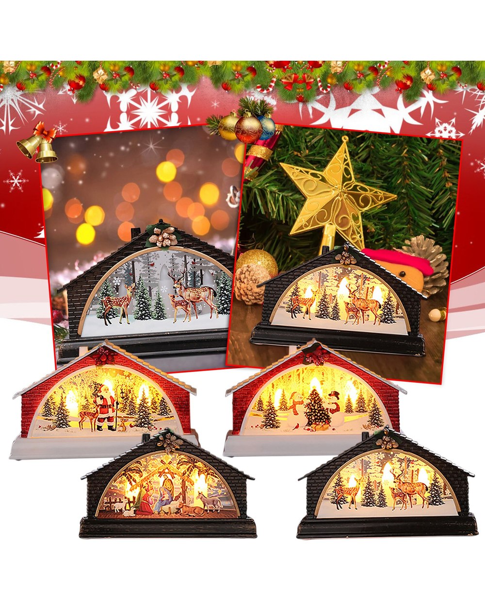 Christmas Glow Home Decoration House Manger Snow Night Light Home Furnishing Props Desktop Fireplace Decor Xmas Gifts front-4