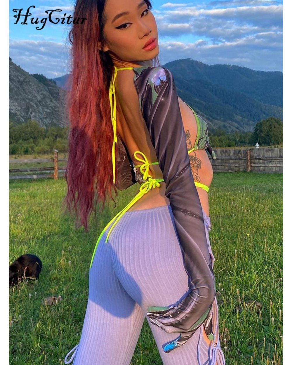 Women's Crop Top Long Sleeve With Gloves 2022 Autumn Streetwear Outfit Fashion Y2K Party Wearing front-4