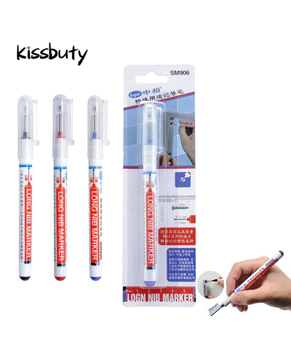 3Pcs/Set Long Heading Markers Pen Red/Black/Blue Ink For Bathroom Woodworking Decoration Multi-Purpose Deep Hole Marker front-0