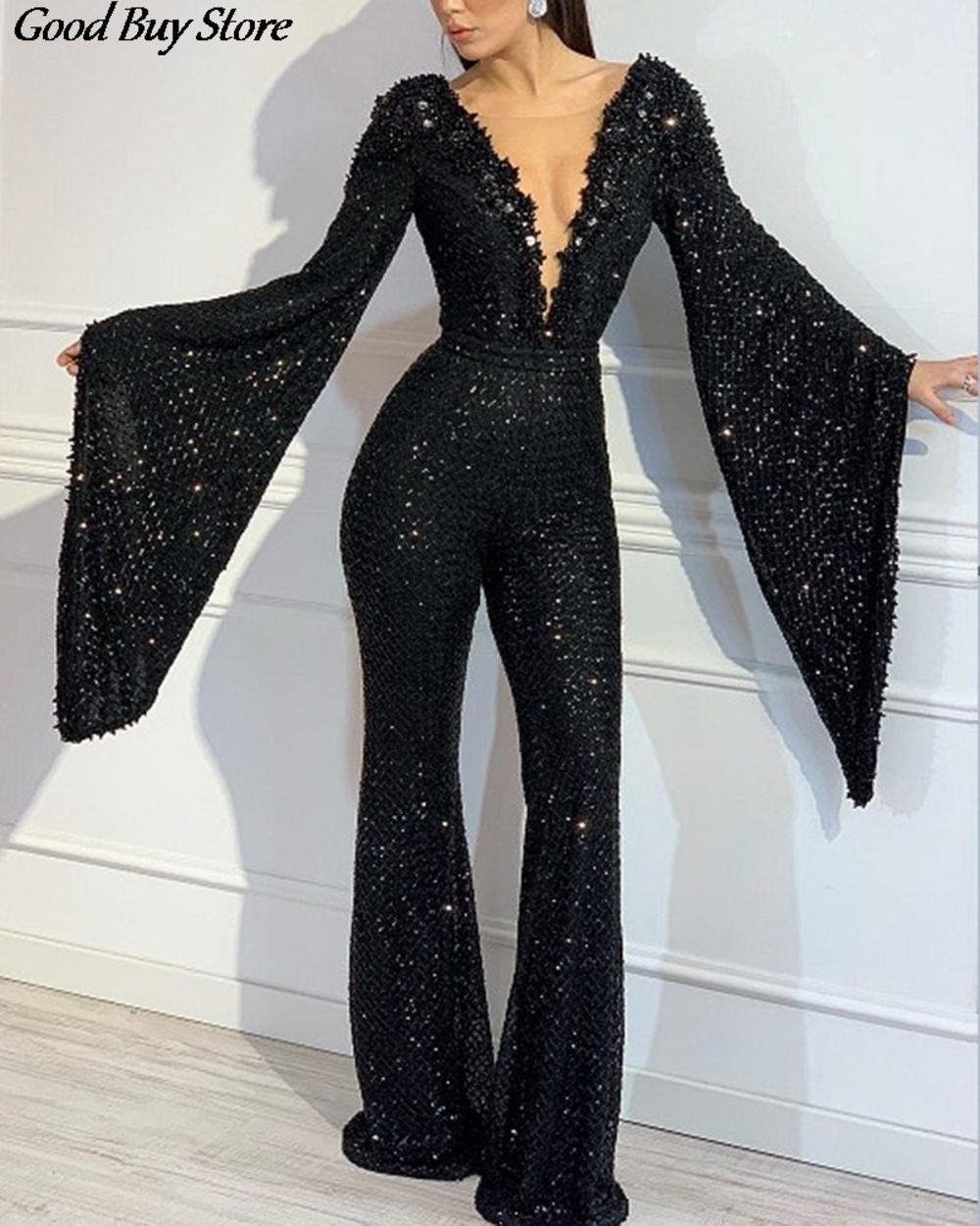Big Flare Sleeve Jumpsuit Clubwear 2021 Women Fashion Sequins Party Jumpsuits Low Cut Long Pants Overalls Suit Female Ro front-0