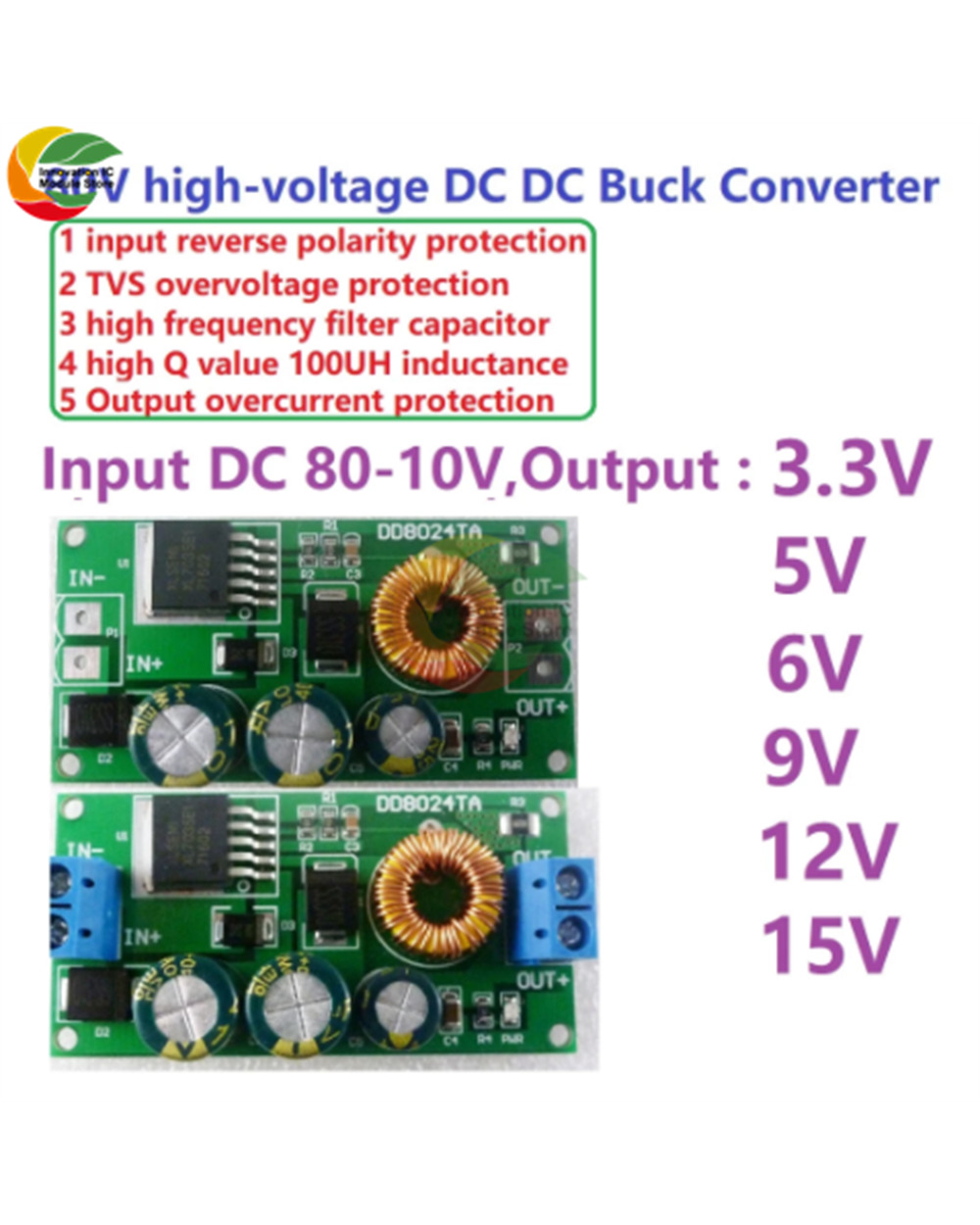 Buck Converter Module High Voltage Buck Converter Module Dd8024ta Dc-Dc 10-80V To 3.3V-15V With Terminal Block Or Termi front-0
