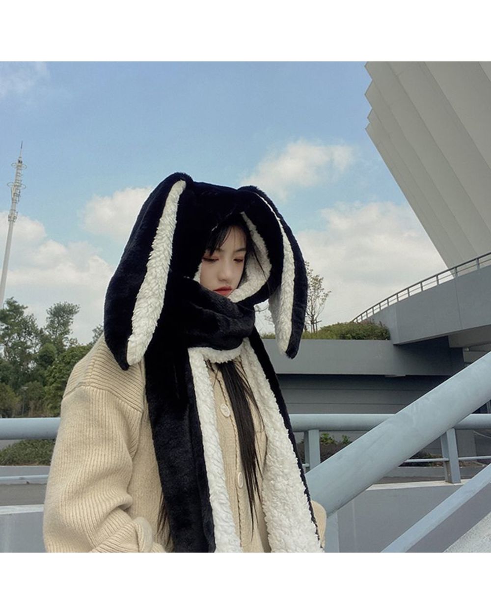 2022 New Fashion Scarf Hat Glove 3 Piece Women Cute Big Ear Bunny Winter Warm Soft Thickening Pocket Hats Hooded front-2