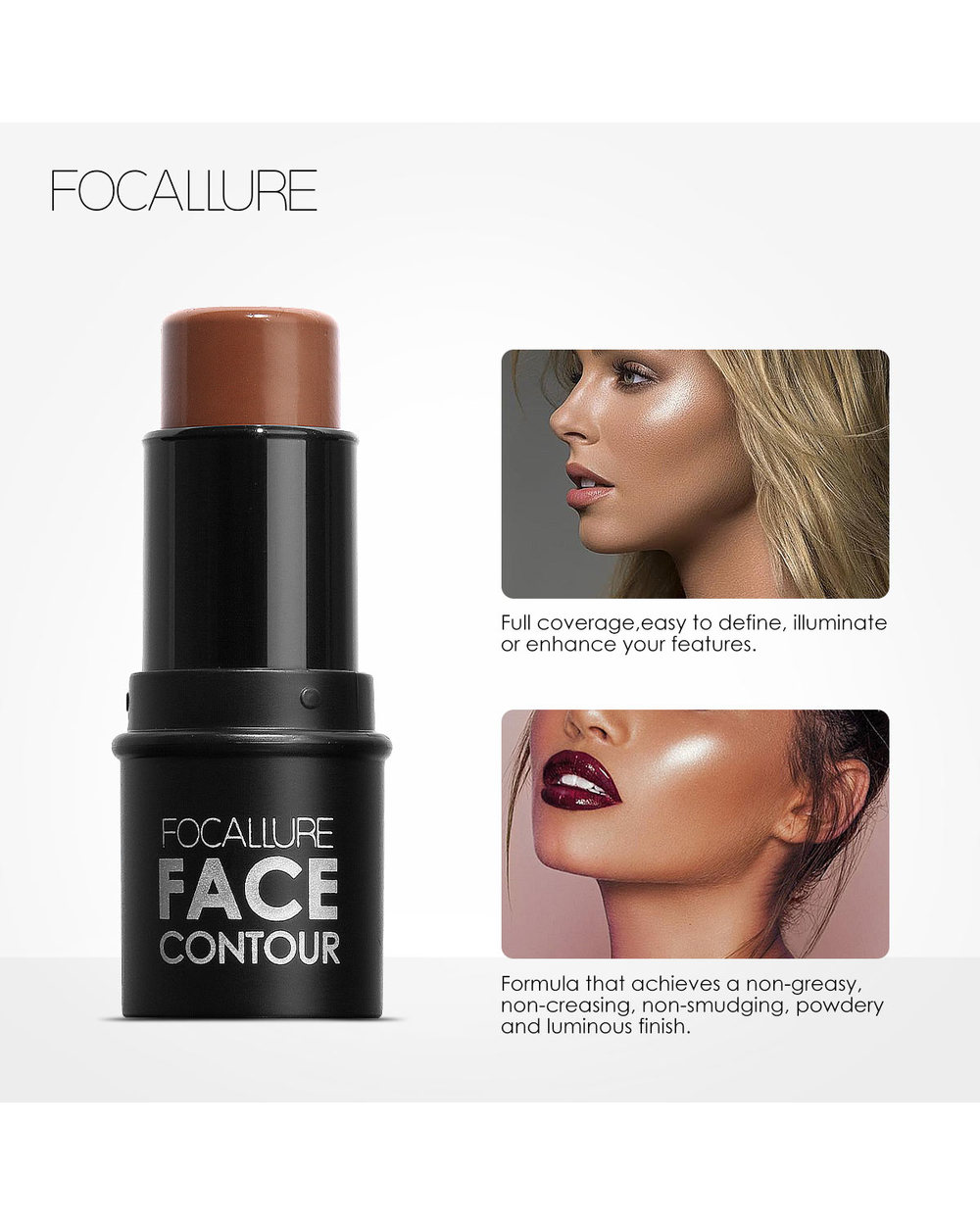 FOCALLURE Highlighter Makeup Glitter Contouring Bronzer For Face Shimmer Powder Creamy Texture Illuminator Stick . front-3
