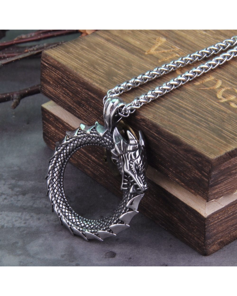 Never Fade Men Stainless Steel Viking Self-devourer Ouroboros Valknut Amulet dragon Pendant Necklace front-0