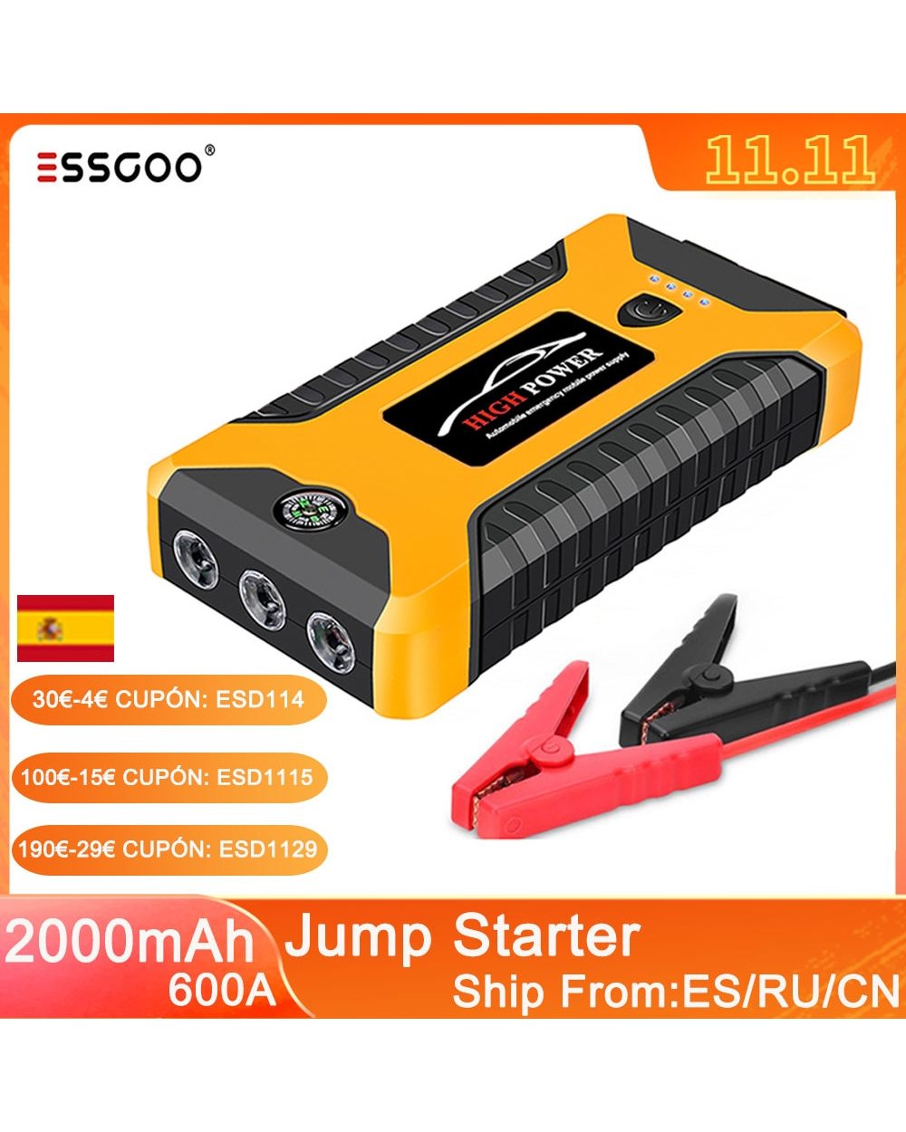 Car Jump Starter Power Bank 20000mA 600A 12V Output Portable Emergency