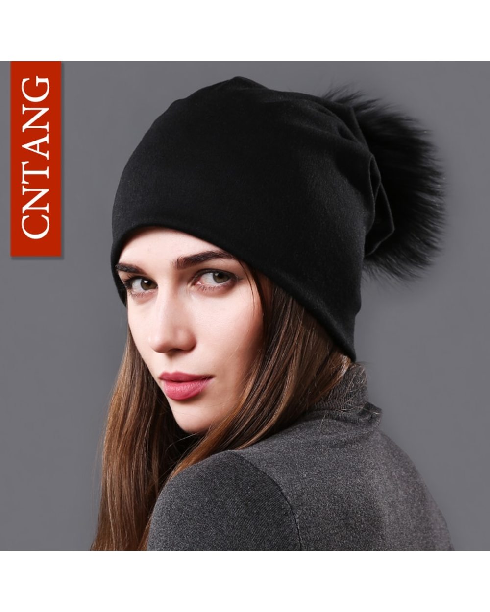 Cntang Female Natural Raccoon Fur Pompom Hats Beanies Autumn Winter Warm Solid Caps For Women Fashion Cotton Skullies T front-0