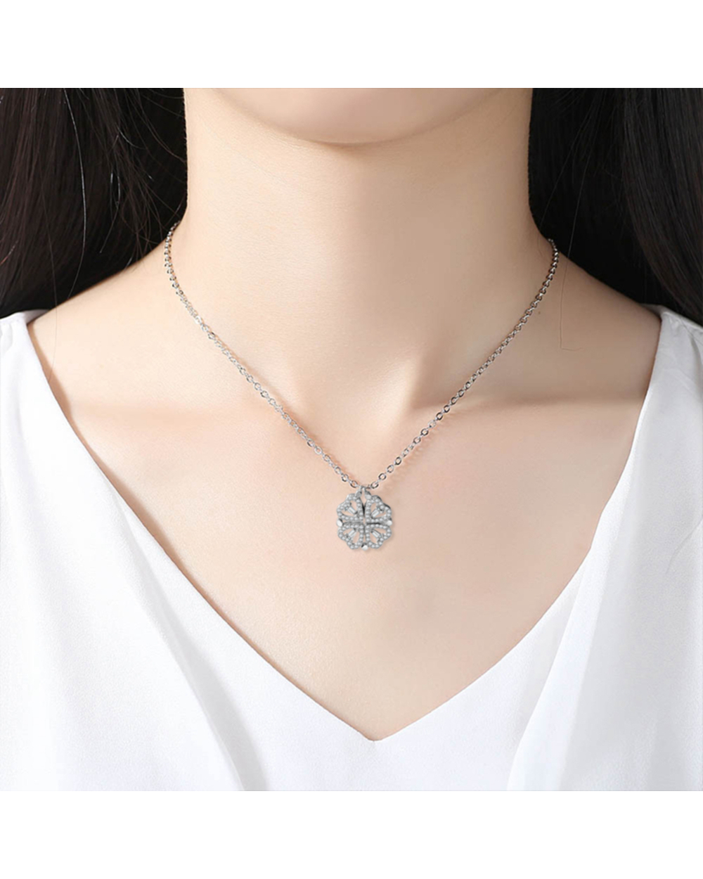 Retro Magnetic Folding Heart Shaped Four Leaf Clover Pendant Necklace front-2