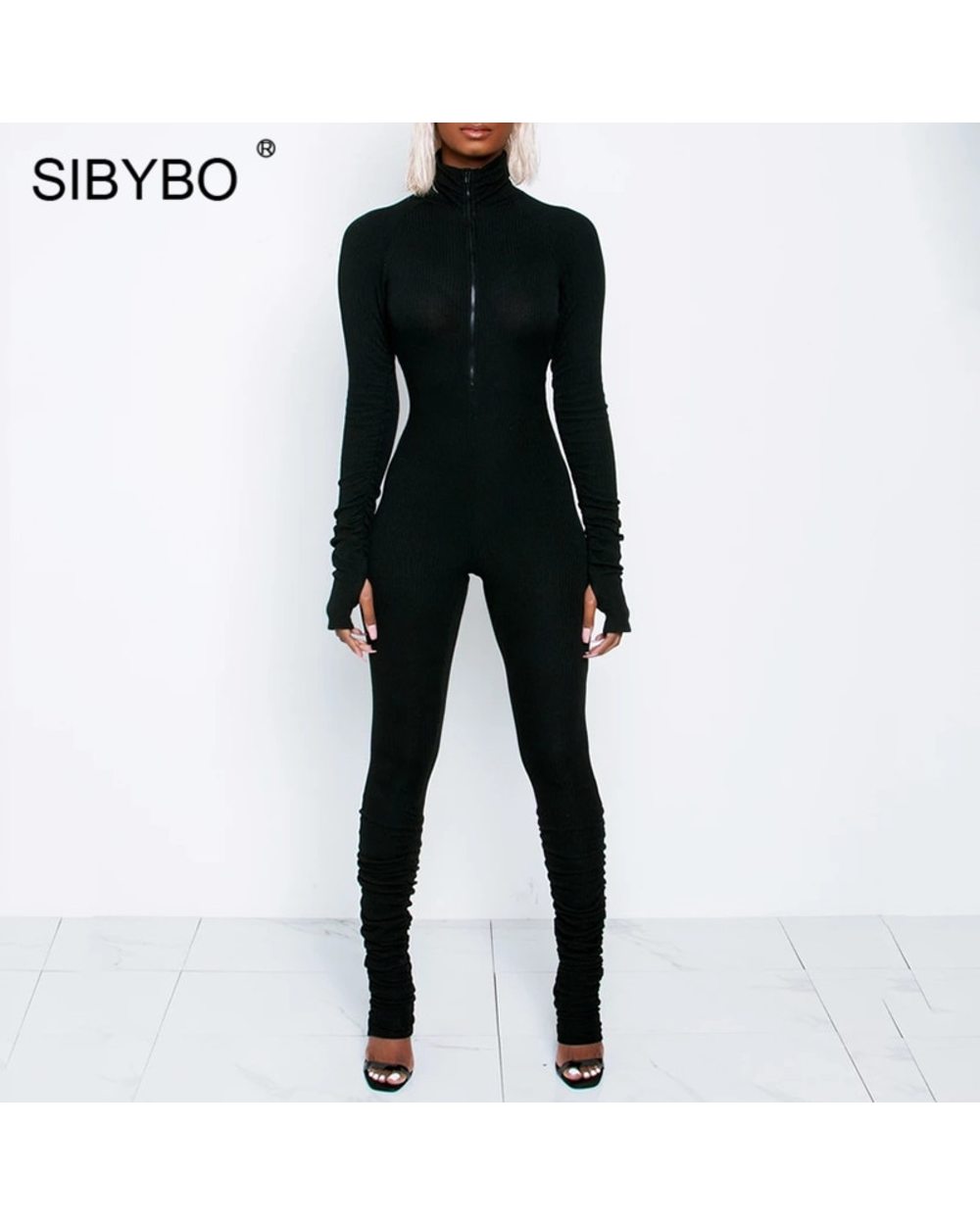 Sibybo Knitted Turtleneck Jumpsuit For Women Autumn Zipper Jumpsuit Rompers Lucky Label Fitness Overalls front-0