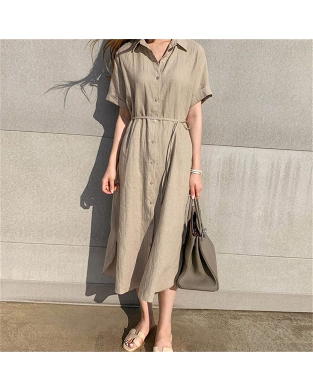 Women Summer Shirt Dress Casual 3 Colors Loose Fashionable Split Lace Up Cotton and Linen Long Dress front-1