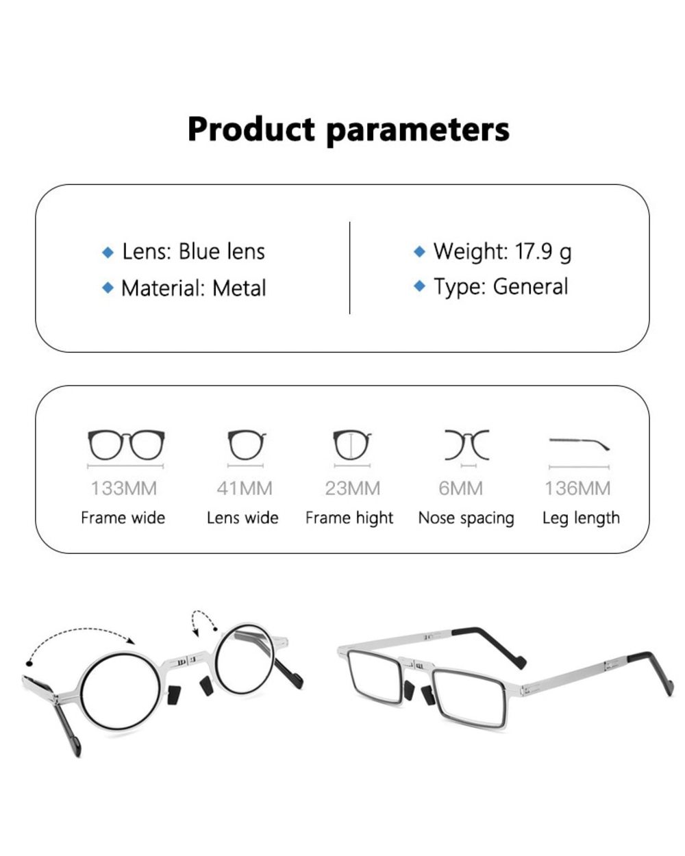 Portable Folding Reading Glasses Men Metal Round Square Anti Blue Light Eyewear Presbyopia Eyeglasses Frame Diopter +1. front-1