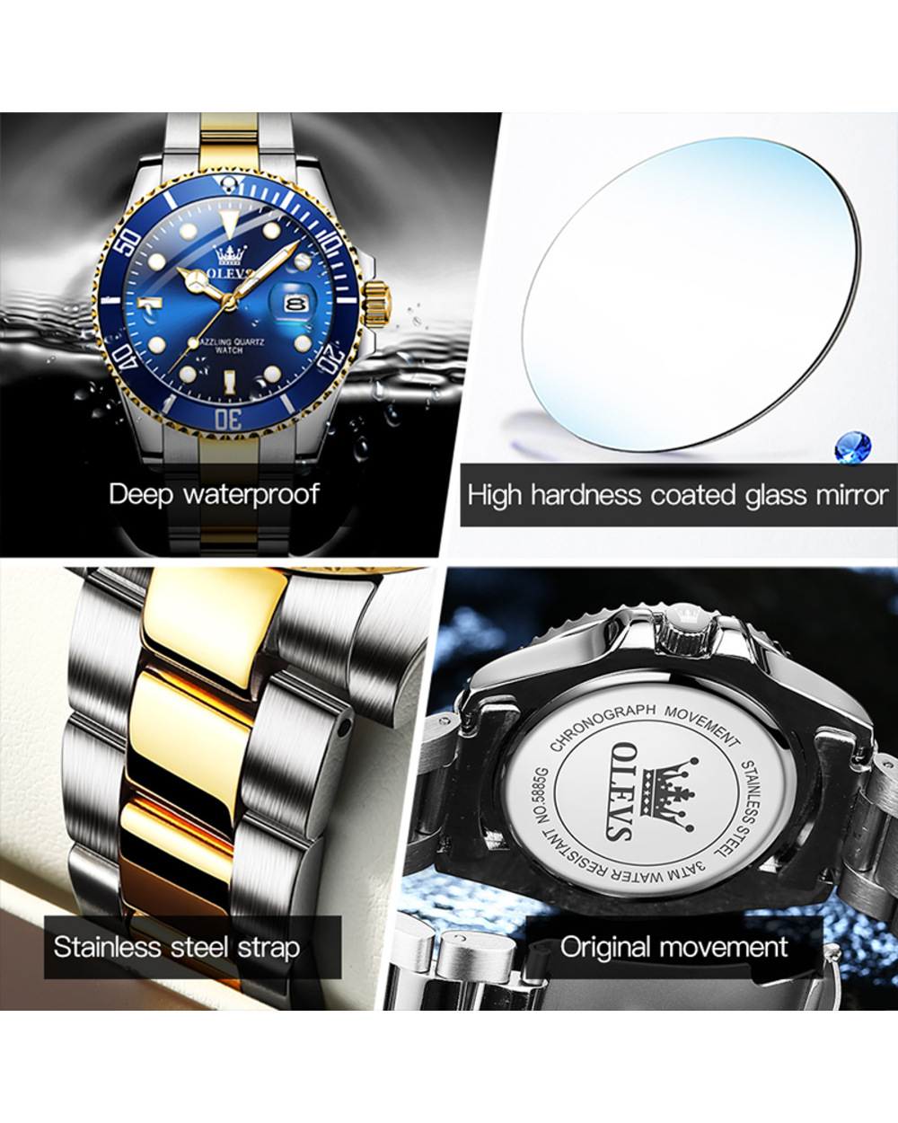 OLEVS Men Luminous Waterproof Watch Trend Calendar Display Stainless Steel front-5