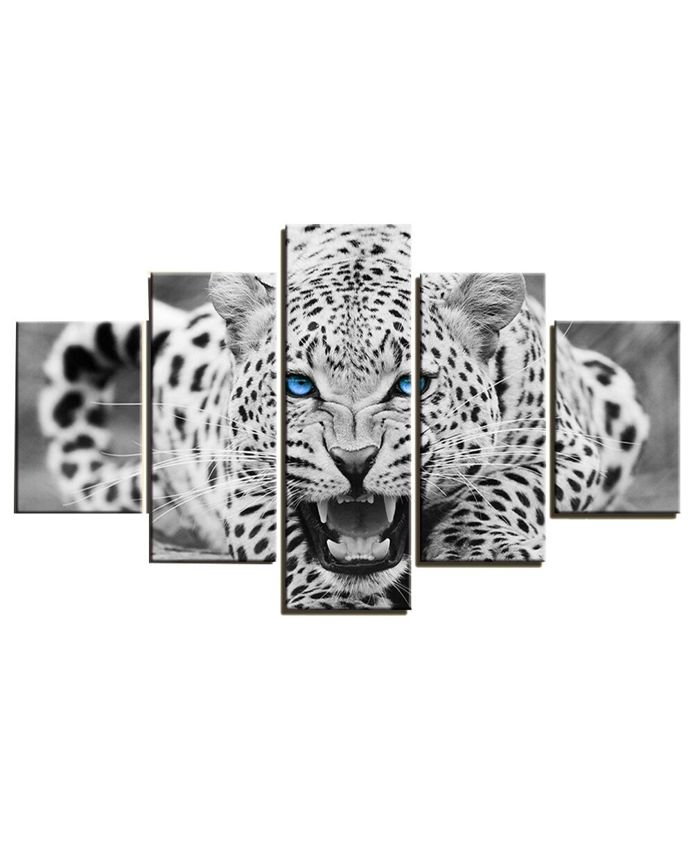 Blue Eyes Animal Leopard Growling Picture Print Animal 5 Panel Canvas Art Wall Decor front-2