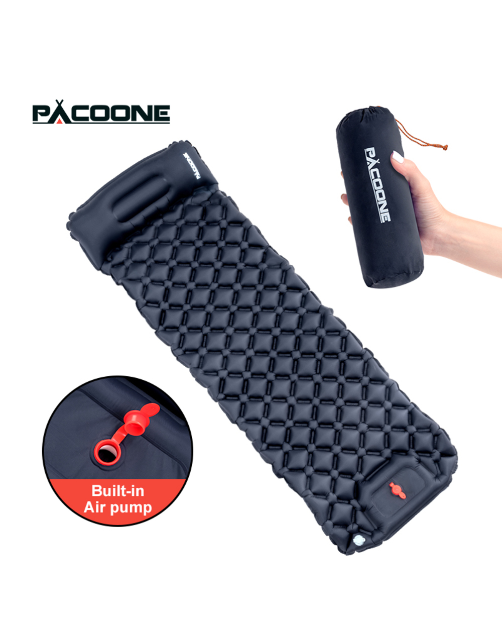 PACOONE Outdoor Camping Sleeping Pad Inflatable Mattress with Pillows Ultralight Air Mat Built-in Inflator Pump Travel front-0