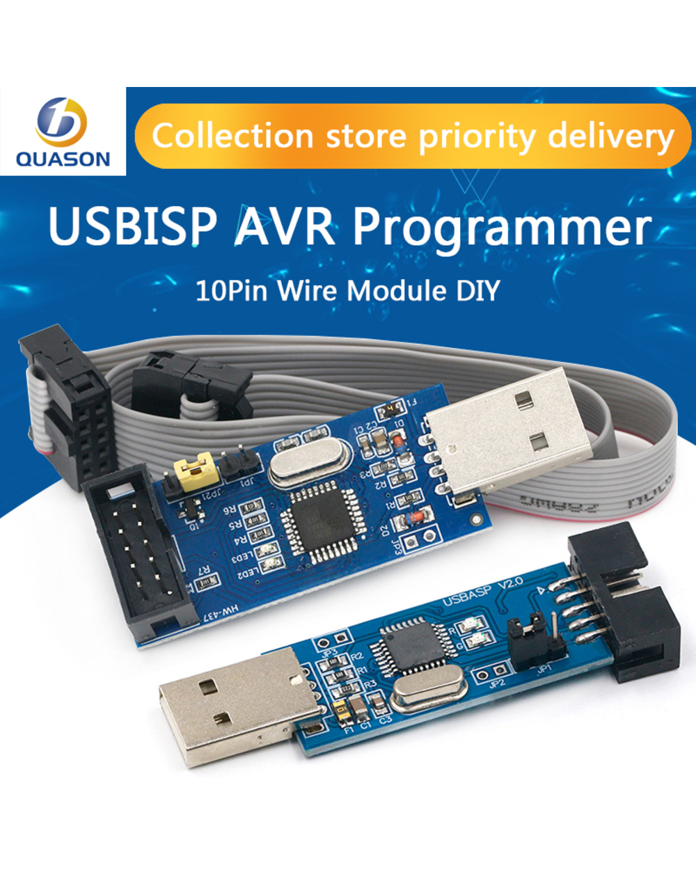 1Set Usbasp Usbisp Avr Programmer Usb Atmega8 Atmega128 Attiny/Can/Pwm 10Pin Wire Module Diy + 10Pin To 6 Pin Adapter B front-0