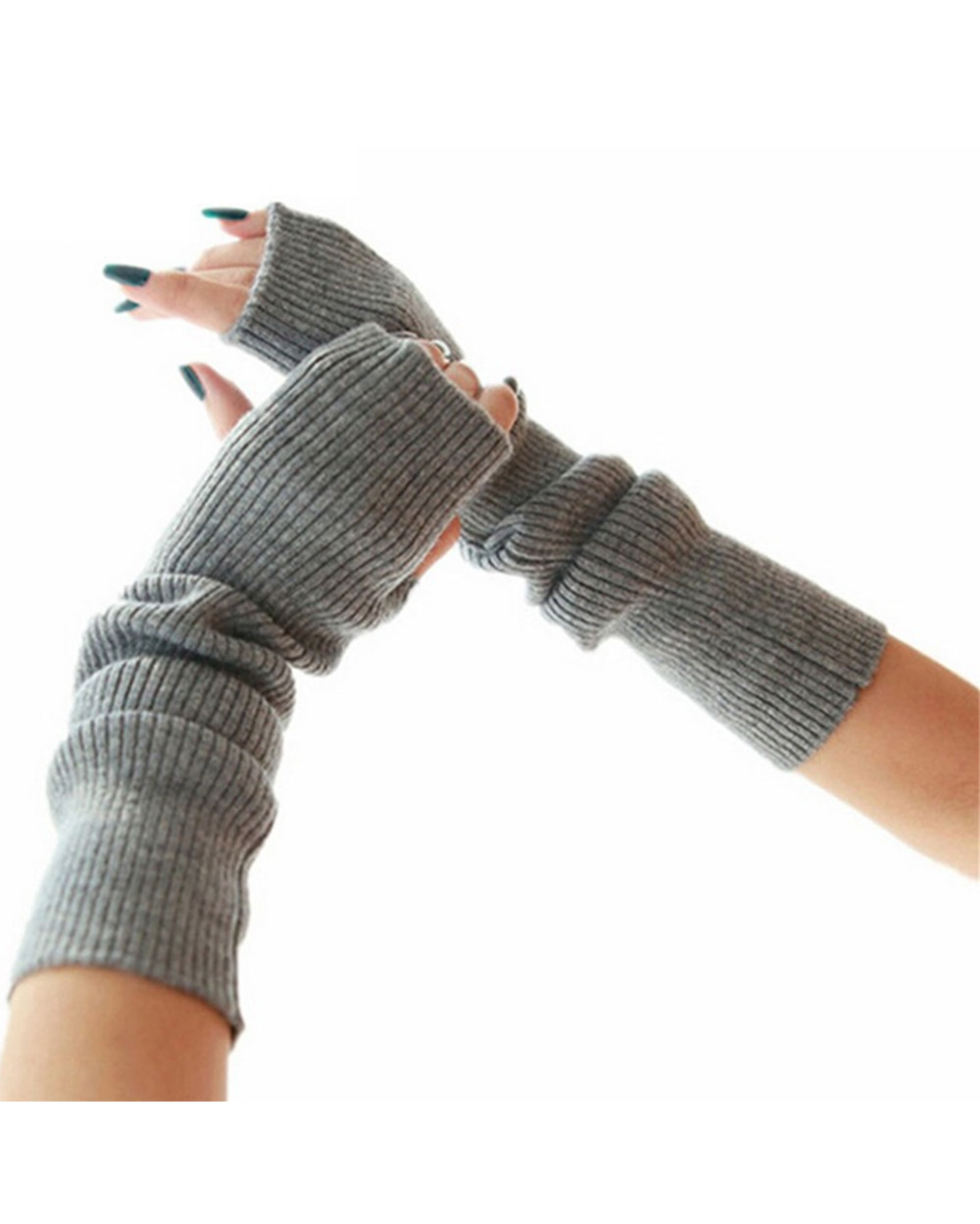 Sparsil Mittens Women Winter Cashmere Blend Knitted Fingerless Punk Long Gloves Y2k Gothic Wool Glove Arm Warmer Withou front-0