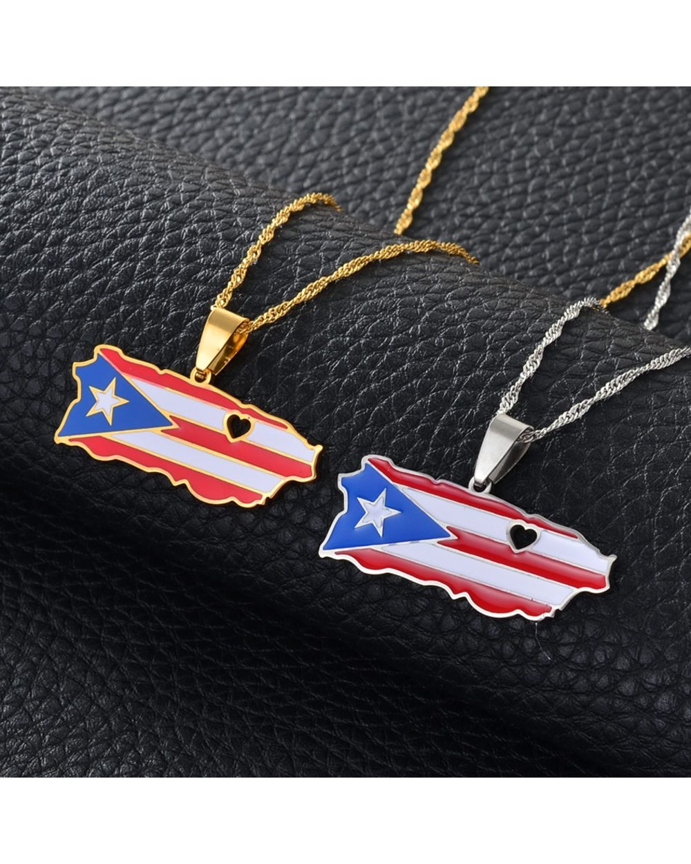 Heart Puerto Rico Map and Color Flag Pendant Necklaces front-0