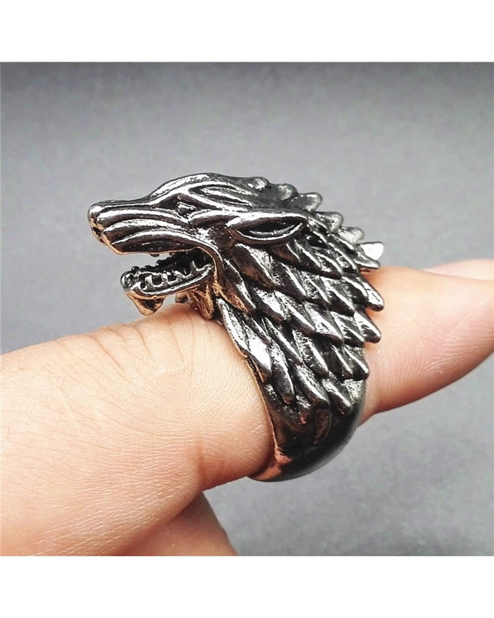 Hot Sale 3D Realistic Domineering Wolf Dragon Animal Head Finger Ring for Silver Color Texture Men Party front-0