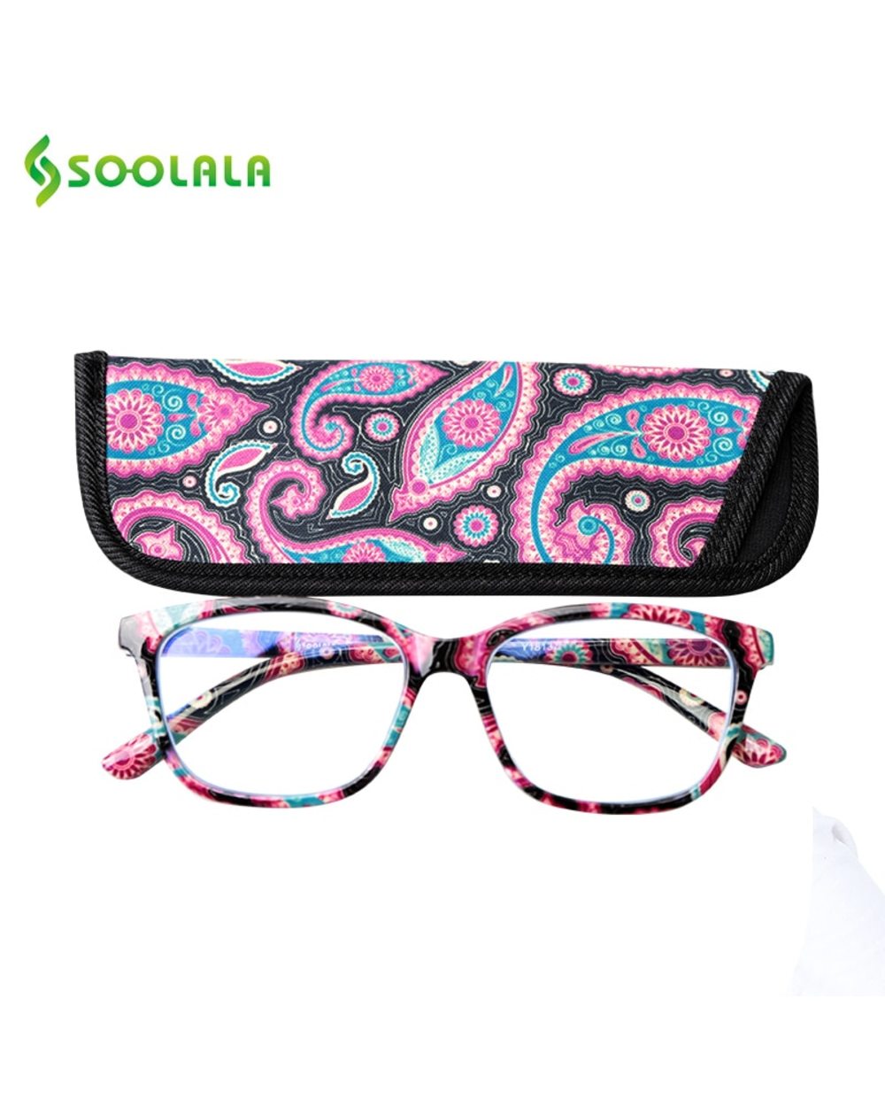 Soolala Square Spring Hinge Floral Printed Anti Blue Light Reading Glasses Women Presbyopic Glasses With Cases +0.5 +0. front-0