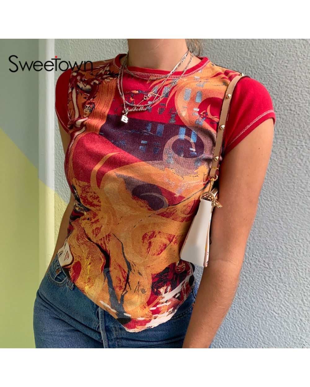 Sweetown Retro Print Patchwork T-Shirts Vintage Aesthetic Girl Short Sleeve Summer Tops Women Basic Tees front-0
