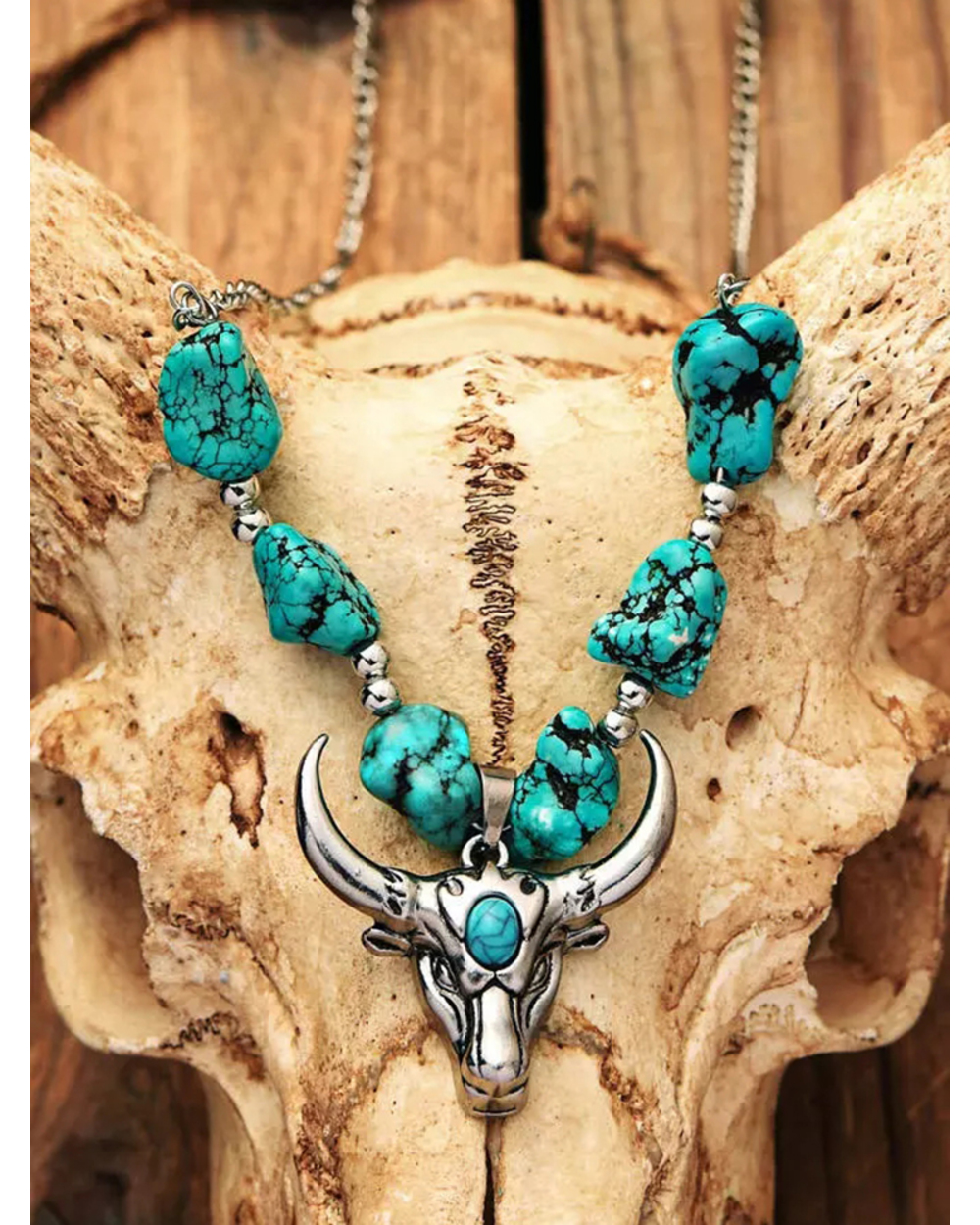 New Turquoise Cross Steer Skull Pendant Necklace front-1