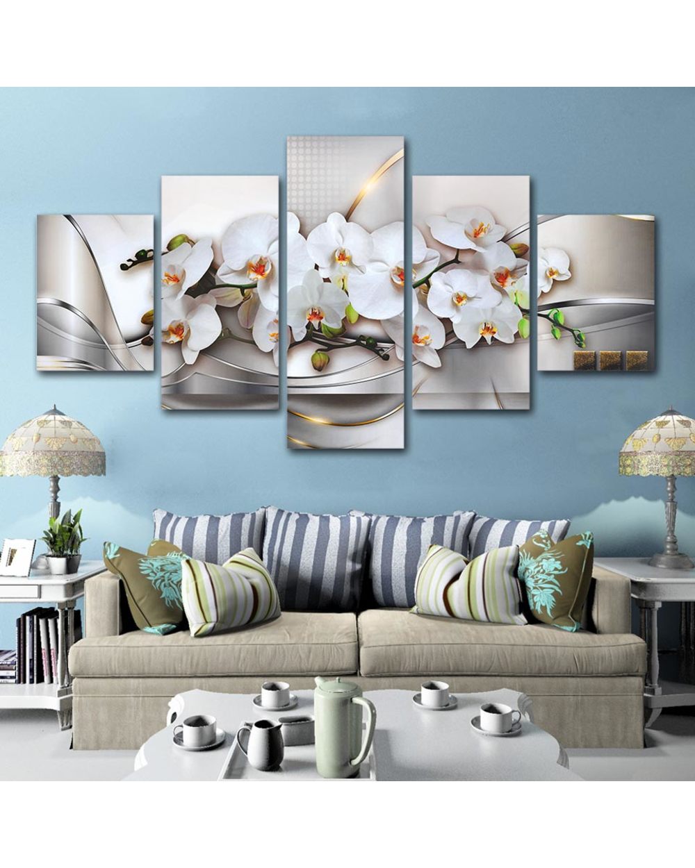 Abstract White Phalaenopsis Flowers Picture Print Nature 5 Panel Canvas Art Wall Decor front-0