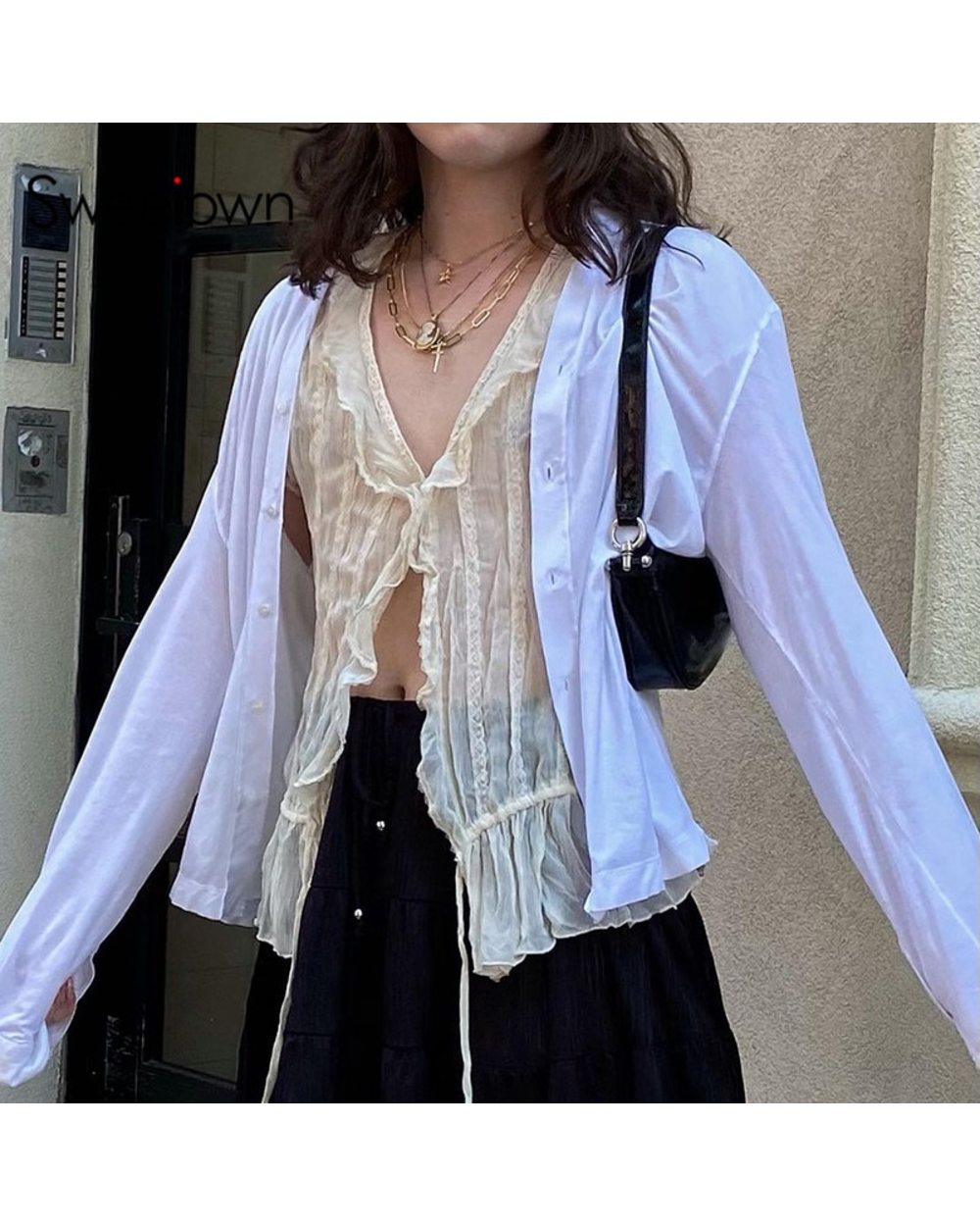 Sweetown White Vintage Crop Top See Through Sexy Mesh Woman Tshirts V Neck Lace Up Ruffles Kawaii Clothes front-0