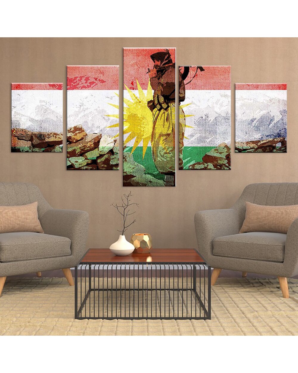 Kurdistan Soldier Flag Picture Print Abstract 5 Panel Canvas Art Wall Decor front-0