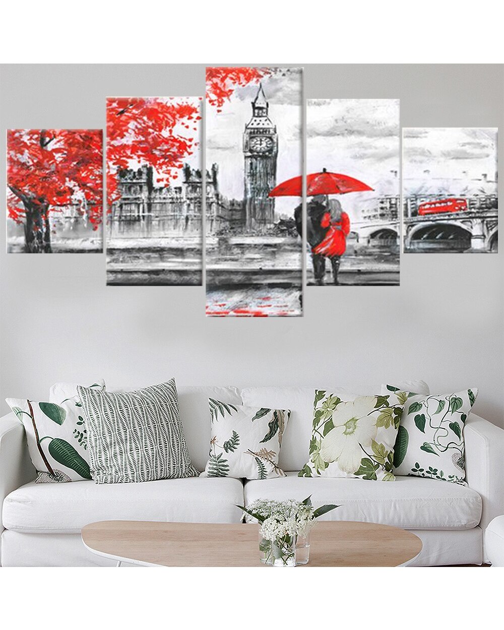 Red Umbrella Couple in England Sight Picture Print Abstract 5 Panel Canvas Art Wall Decor front-2