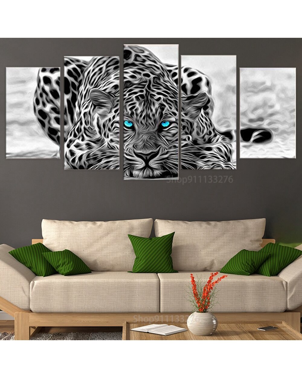 Blue Eyes Leopard Tiger Picture Print Animal 5 Panel Canvas Art Wall Decor front-1