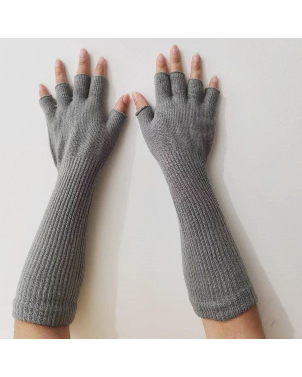 1 Pair Long Knitted Unisex Half Finger Gloves Women Girls Autumn Winter Arm Warmers Pure Black Elbow Long Warm Work Glo front-0