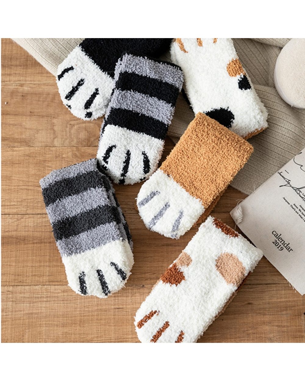 Kawaii Cartoon Socks for Women Cute 3d Dog Cat Paw Pattern Female Fleece Warm Funny Socks Home Floor Sleeping front-3