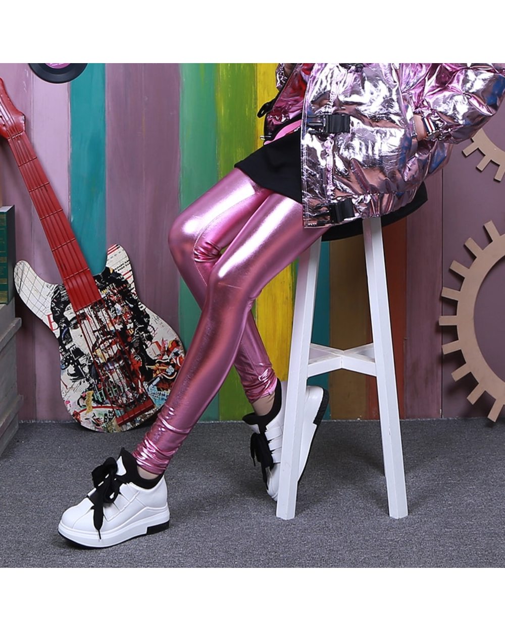 Ladies Silver Metallic Shiny Laser Leather Leggings Women Candy Colors Leggings Holographic Leggings front-3