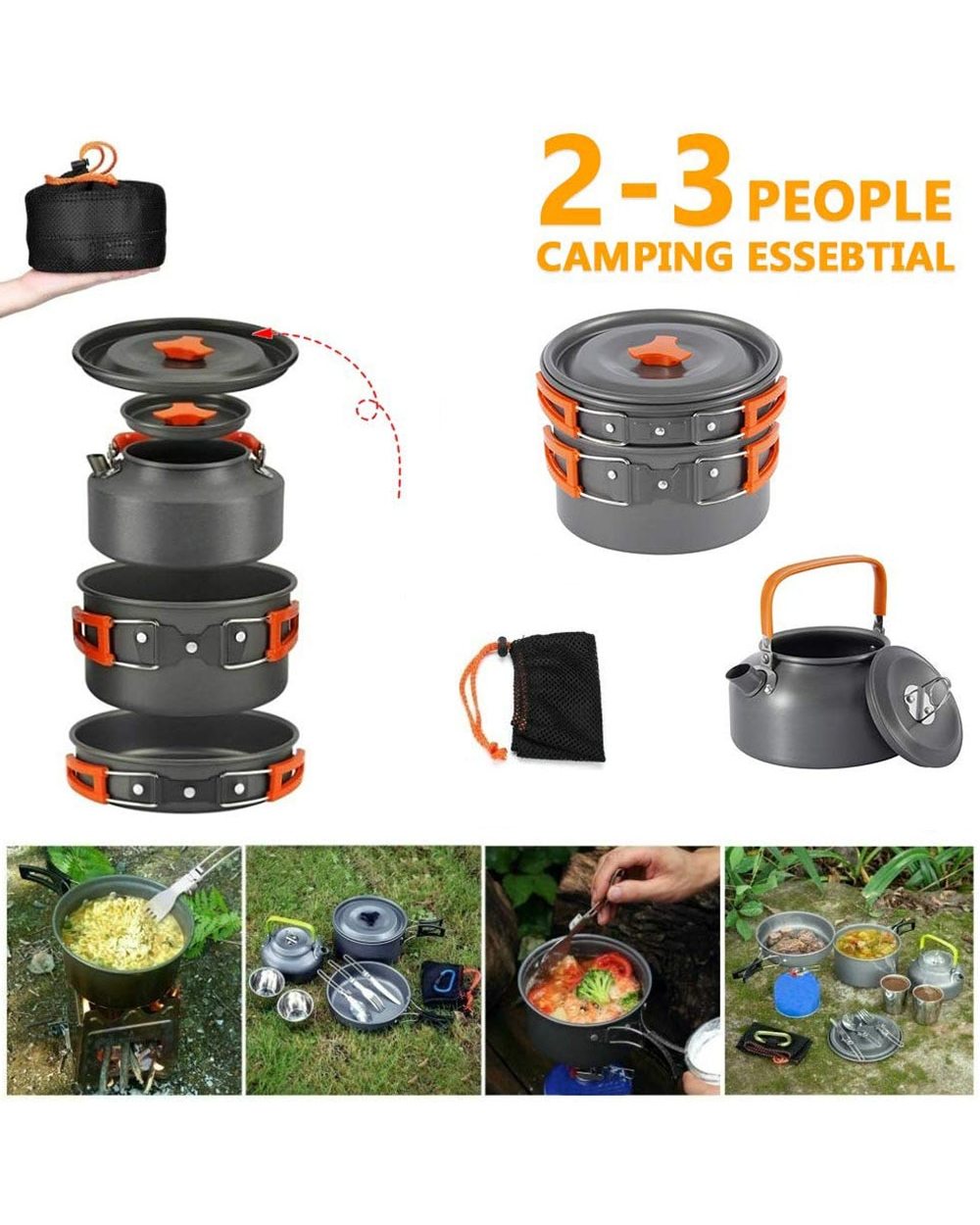 Camping Cookware Kit Outdoor Aluminum Cooking Set Water Kettle Pan Pot Travelling Hiking Picnic BBQ front-2