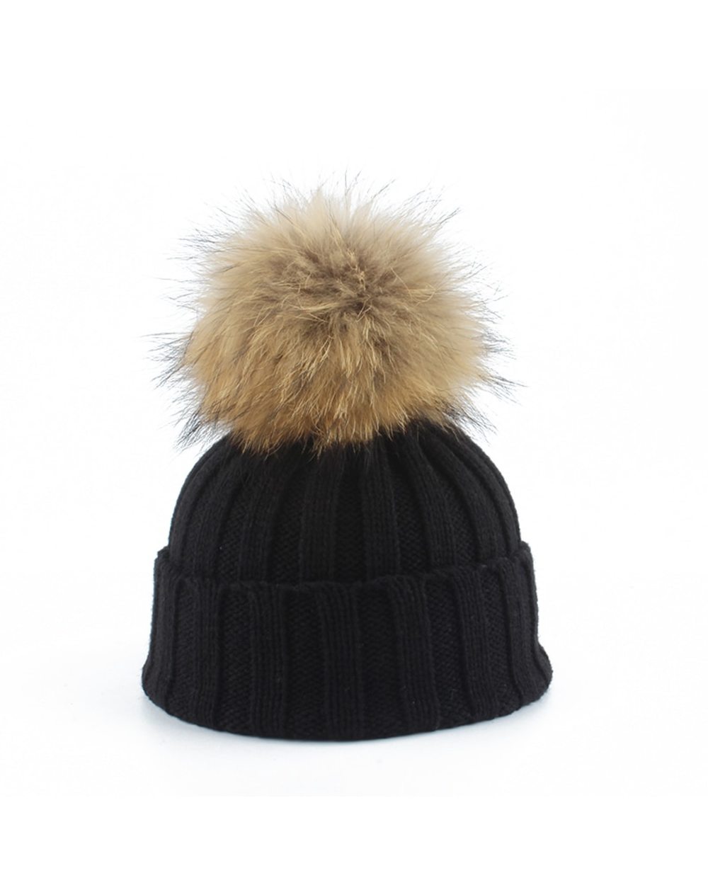 Big Fur Pom Pom Beanie Hats Parent Kids Warm Knitted Winter Hat Baby Girls Boys Real Raccoon Fur Pompom Beanies Cap front-3