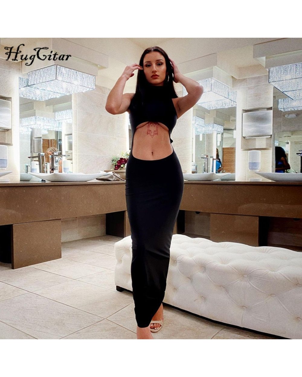 Solid Hollow Out Turtleneck Maxi Dress Autumn Winter Women Fashion Sexy Party Club Clothings front-4