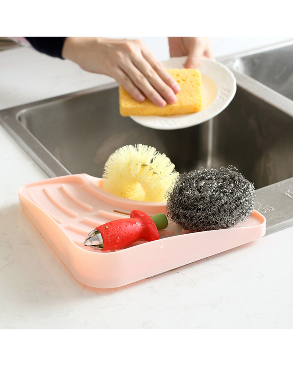 Zlinkj 1Pcs Kitchen Bathroom Soap Sink Corner Storage Rack Sponge Holder Wall Mounted Dishes Drip Rack Dish Wall Storag front-3
