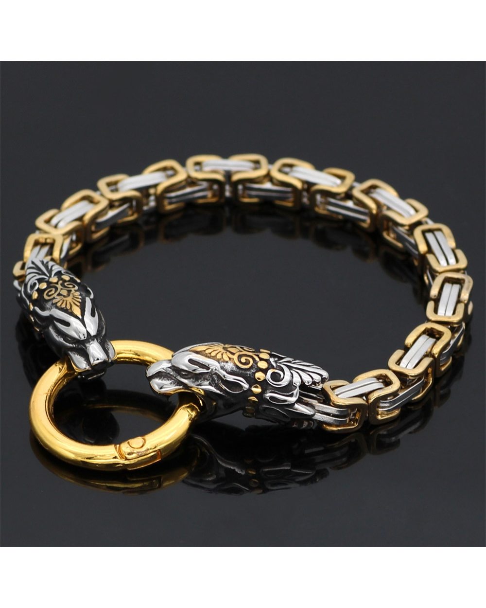 Viking Dragon Head Bracelets Men Gold Stainless Steel King Chain Jewelry Gift front-3