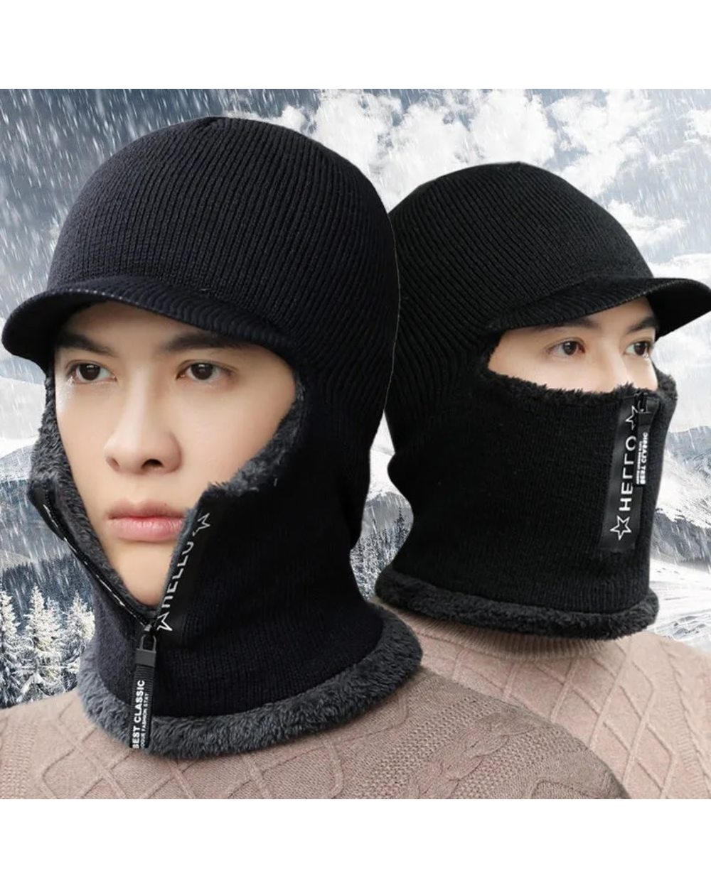 Men And Women Winter Knitted Hat With Zipper New Add Fur Lined Warm Brim Winter Hats For Men Keep Face Ear Warm Balacla front-0