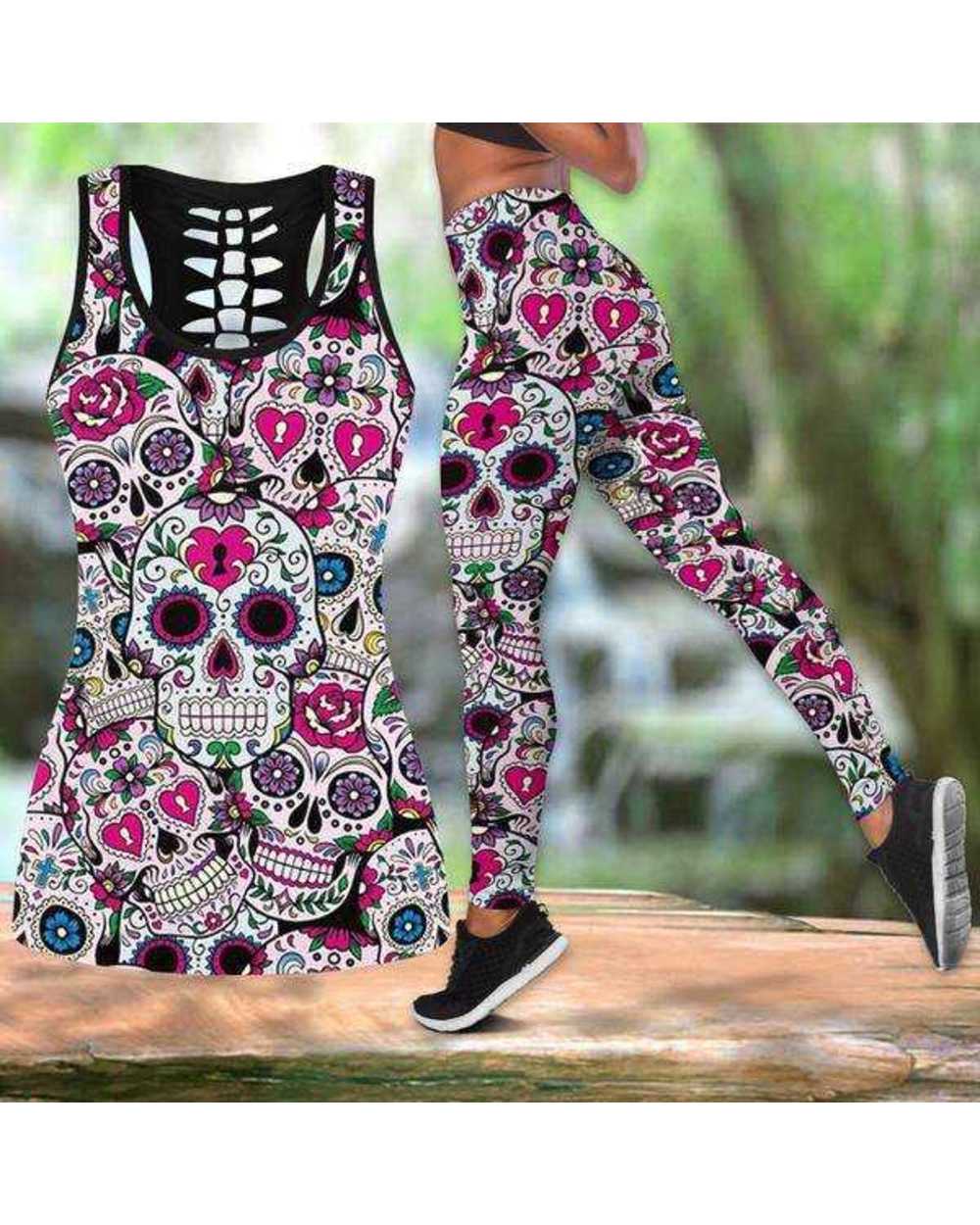 FCCEXIO 2Pcs Set Hollow Out Sportswear Women Clothes 3D Skull Print Fitness Yoga Suits Leggings Gym Workout Tank Top front-5