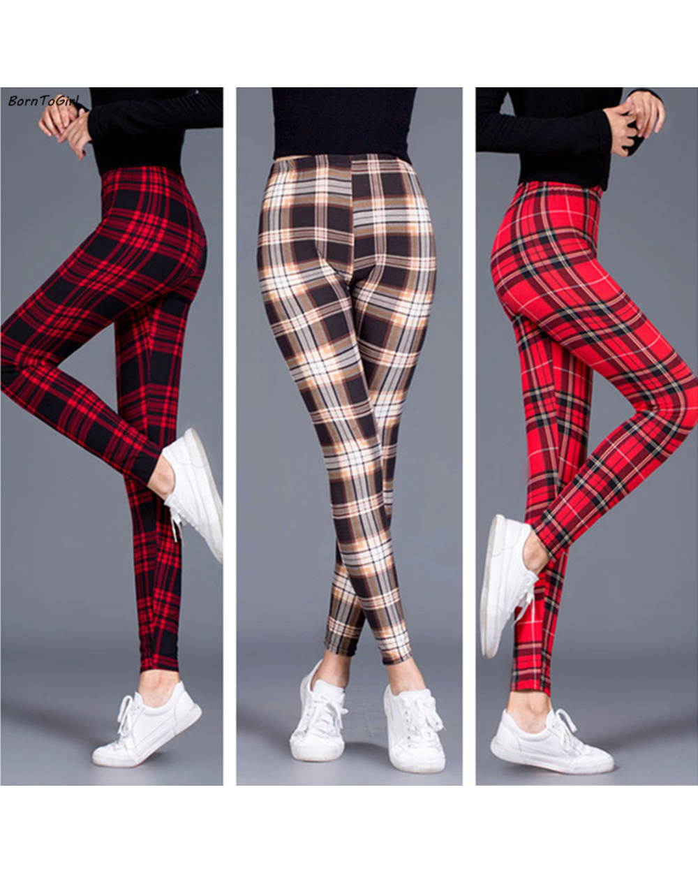 Scottish Plaid Leggings Pants For Women - Casual High Waist front-0