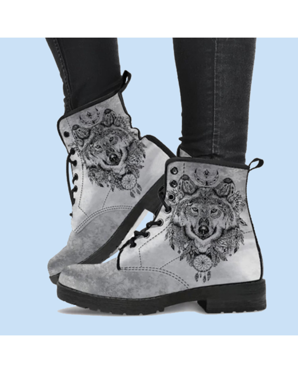 Women's Shoes New Gray And White Wolf Totem Print Fashionable And Comfortable Lace-up High-top Boots VG06 front-0