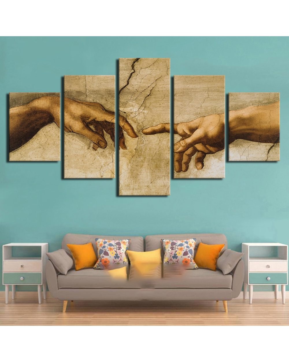 Creation Of Adam Hand Of God Paintings Picture Print Religion 5 Panel Canvas Art Wall Decor front-1