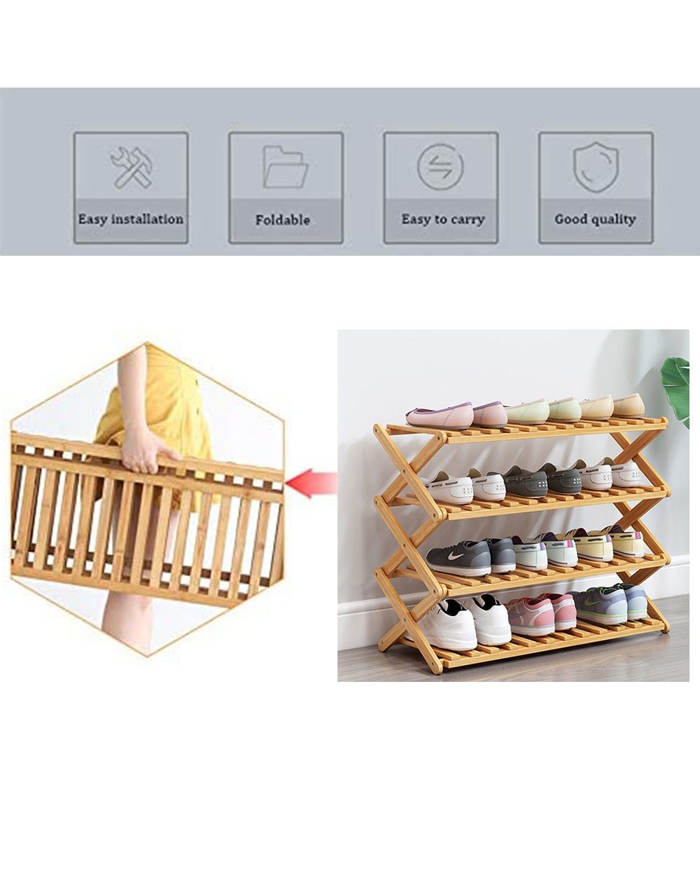 3/4 Layers Natural Bamboo Folding Shoe Shelf Storage front-4